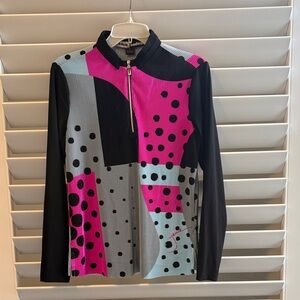 Jamie Sadock Women's  Geometric Micro Pleated Zip Neck L/S Polo Sz: M; EUC